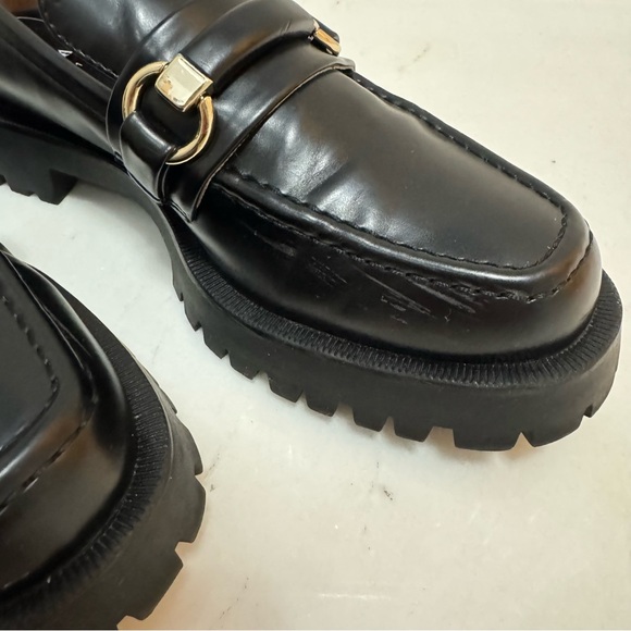 Zara Black Leather Gold Buckle Lug Sole Chunky Loafers - Picture 9 of 11